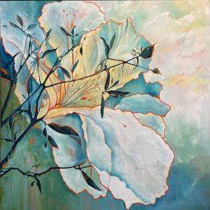 Painting of flowers and leaves in green shades