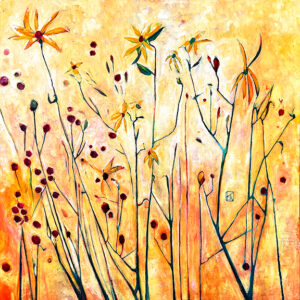 Painting of flowers and stem in shades of yellow